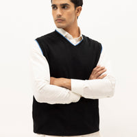 LEO - BLACK SLEEVLESS V-NECK SWEATER - J. Junaid Jamshed