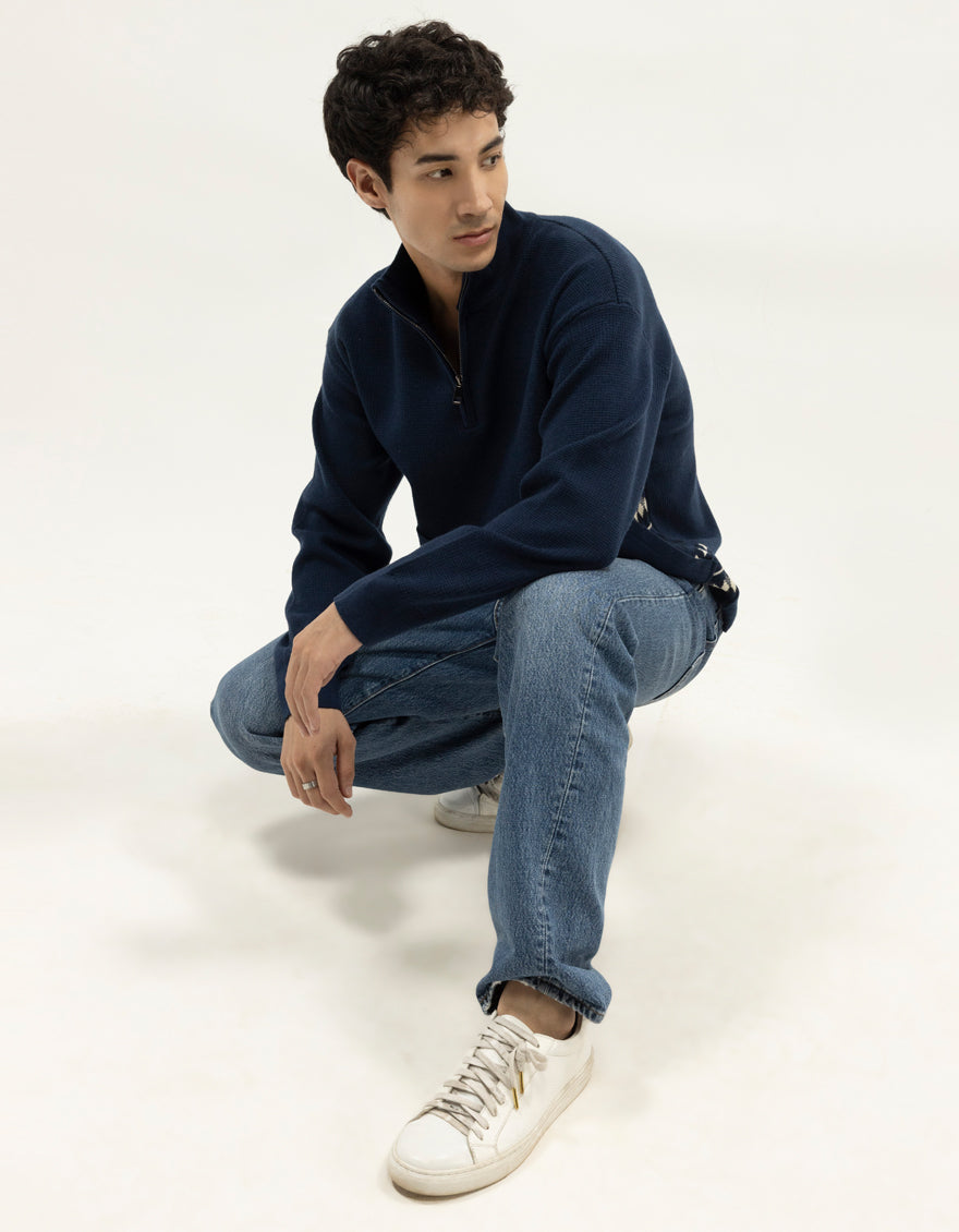 NEPTUNE B - NAVY HALF ZIP MOCKNECK SWEATER - J. Junaid Jamshed