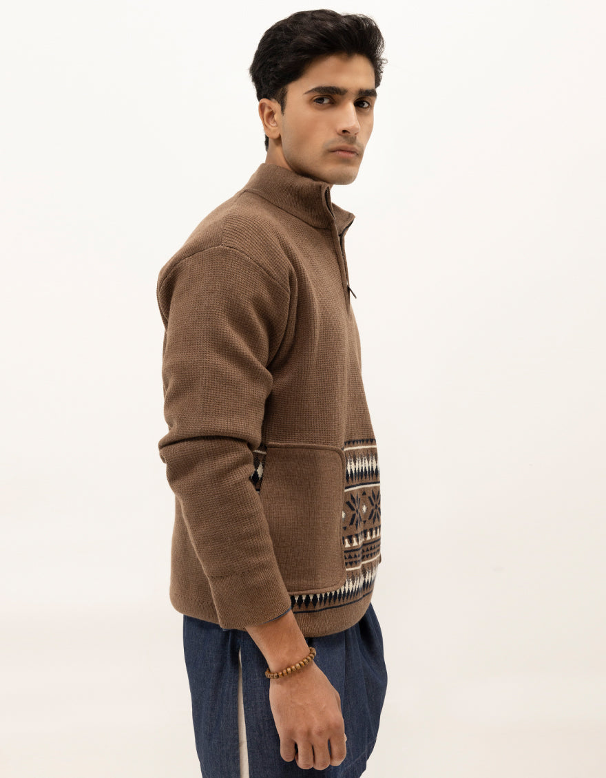 NEPTUNE B - BROWN HALF ZIP MOCKNECK SWEATER - J. Junaid Jamshed