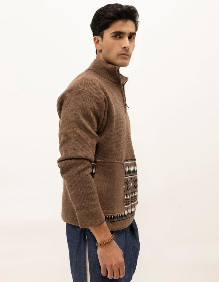 NEPTUNE B - BROWN HALF ZIP MOCKNECK SWEATER - J. Junaid Jamshed