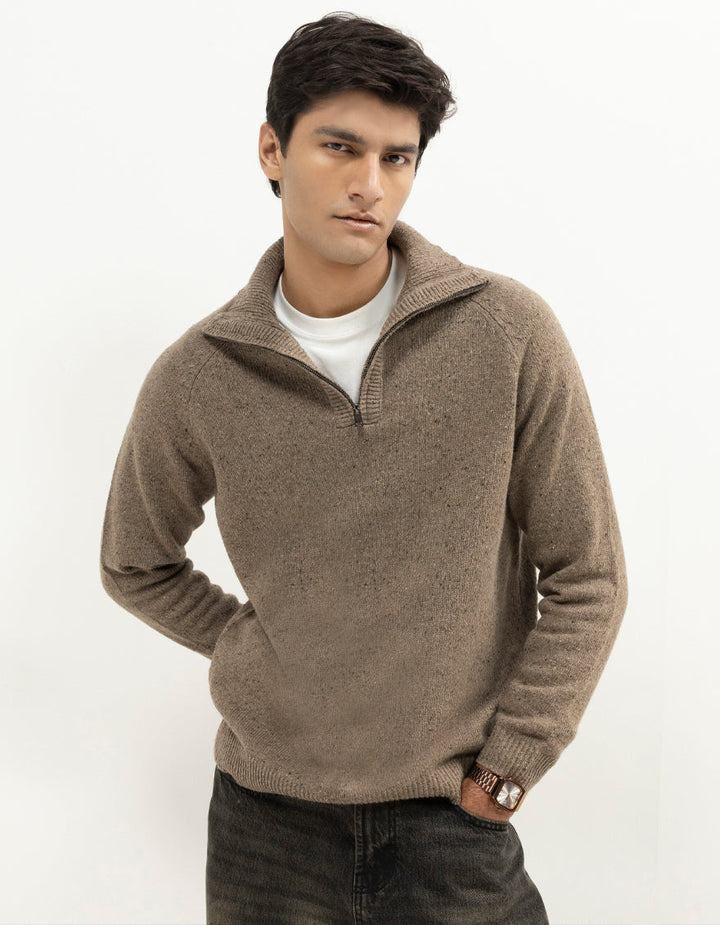 NEPTUNE C - HEATHER BROWN FULL SLEEVE HALF ZIP LARGE MOCKNECK SWEATER - J. Junaid Jamshed