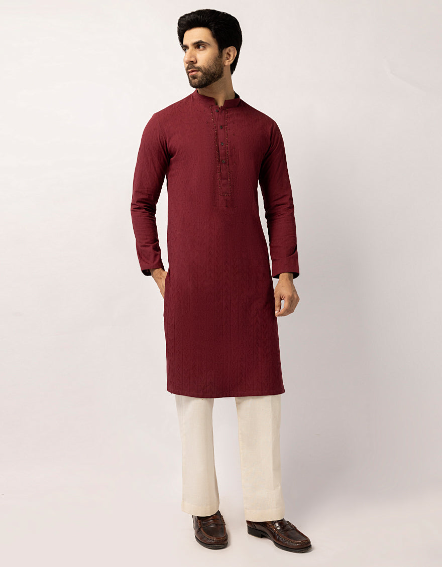 Cotton Maroon Kurta - J. Junaid Jamshed