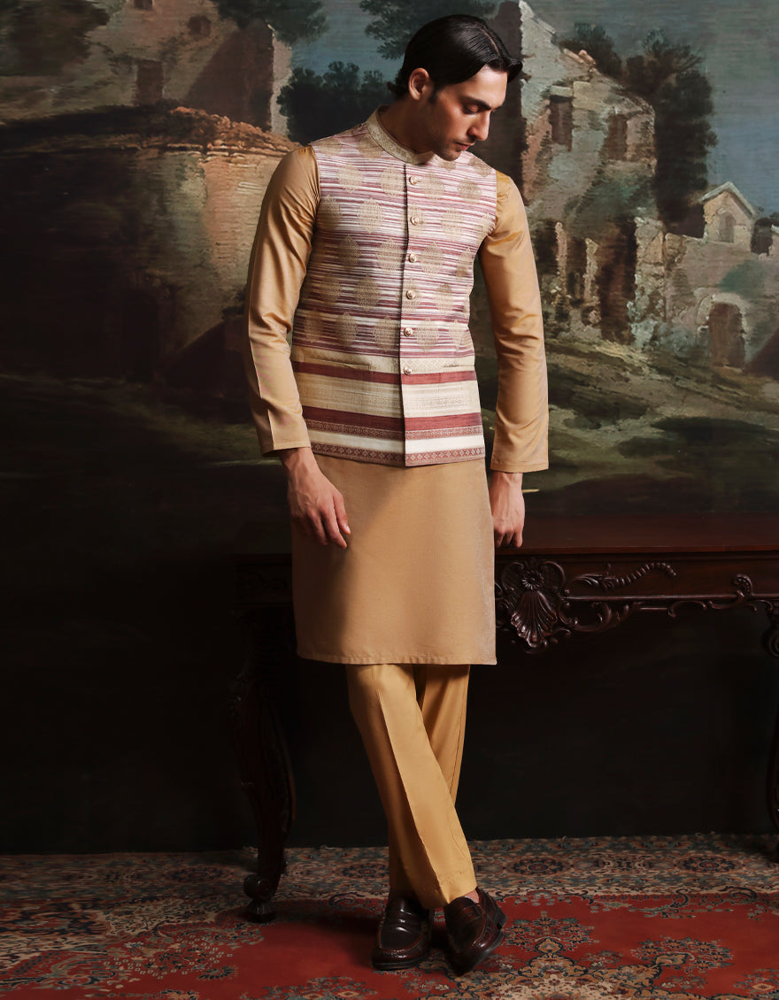 Blended Gold Kurta Trouser with Waist Coat - J. Junaid Jamshed