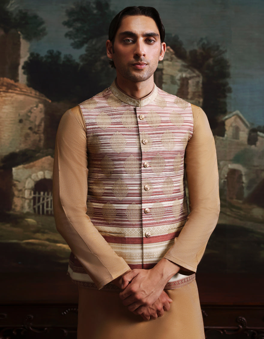 Blended Gold Kurta Trouser with Waist Coat - J. Junaid Jamshed