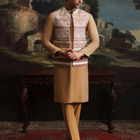 Blended Gold Kurta Trouser with Waist Coat - J. Junaid Jamshed