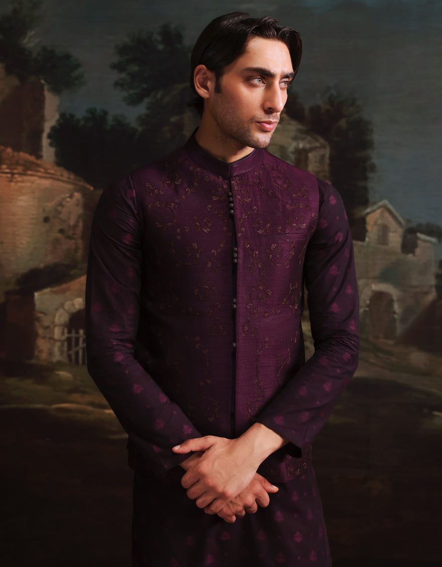 Polyester Cotton Purple Kurta Trouser with Waist Coat - J. Junaid Jamshed