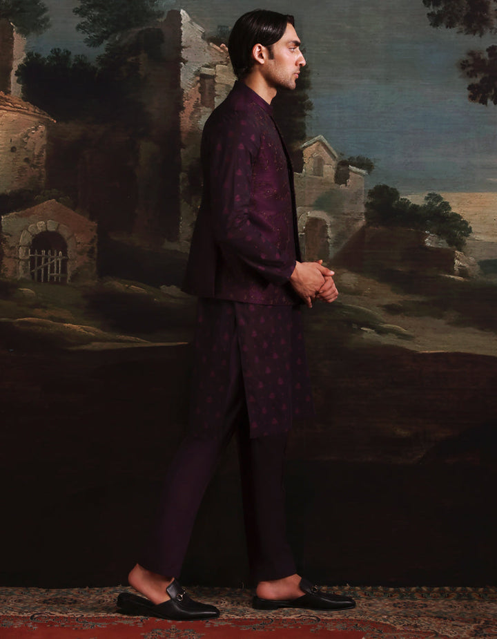 Polyester Cotton Purple Kurta Trouser with Waist Coat - J. Junaid Jamshed
