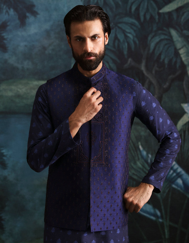 Polyester Cotton Blue Kurta Trouser with Waist Coat - J. Junaid Jamshed