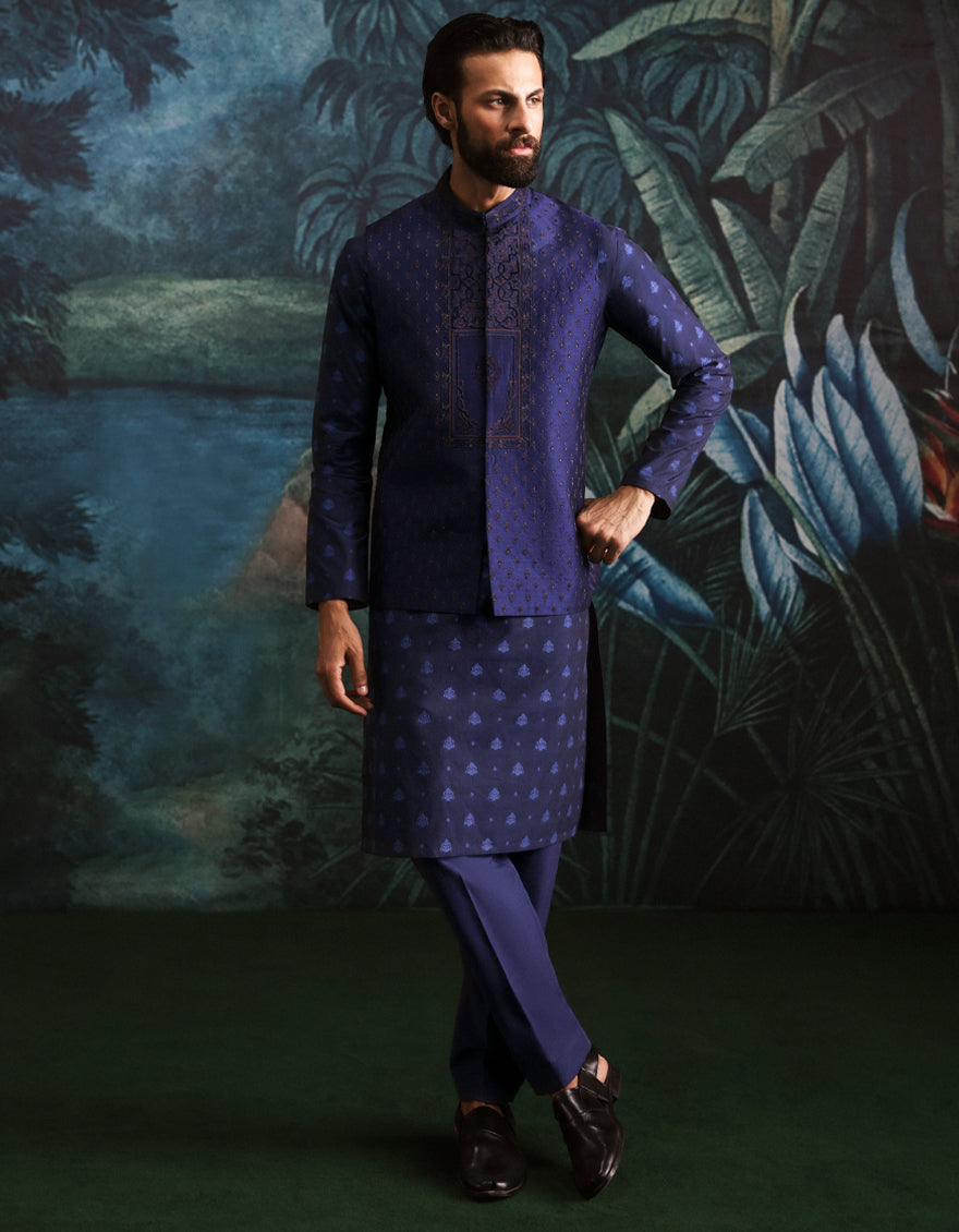 Polyester Cotton Blue Kurta Trouser with Waist Coat - J. Junaid Jamshed