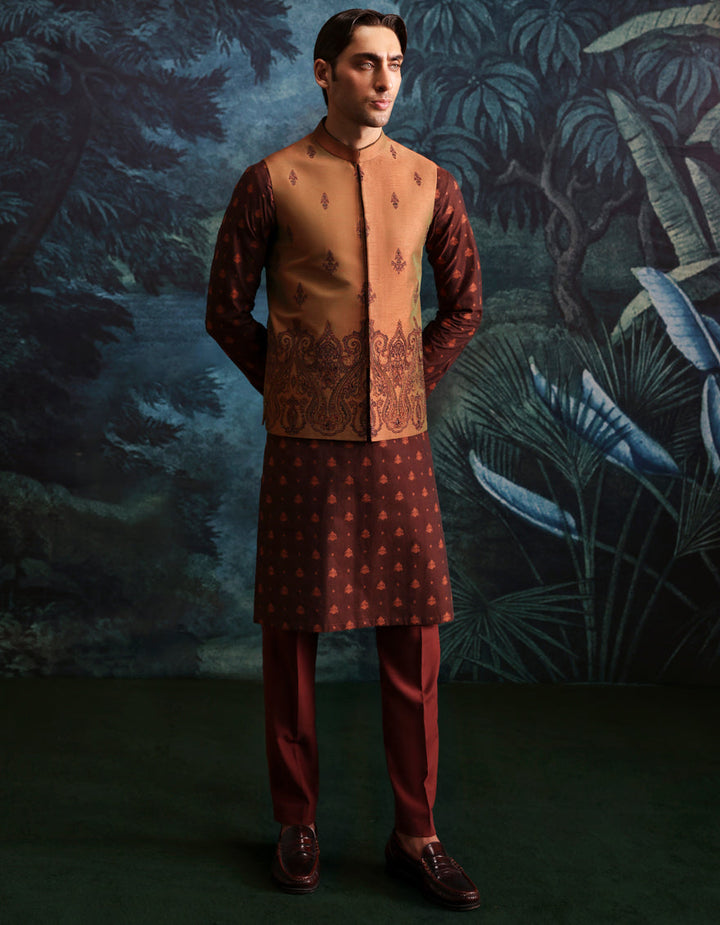 Polyester Cotton Rust Kurta Trouser with Waist Coat - J. Junaid Jamshed