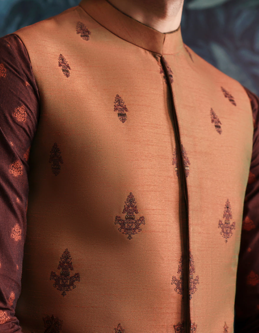 Polyester Cotton Rust Kurta Trouser with Waist Coat - J. Junaid Jamshed