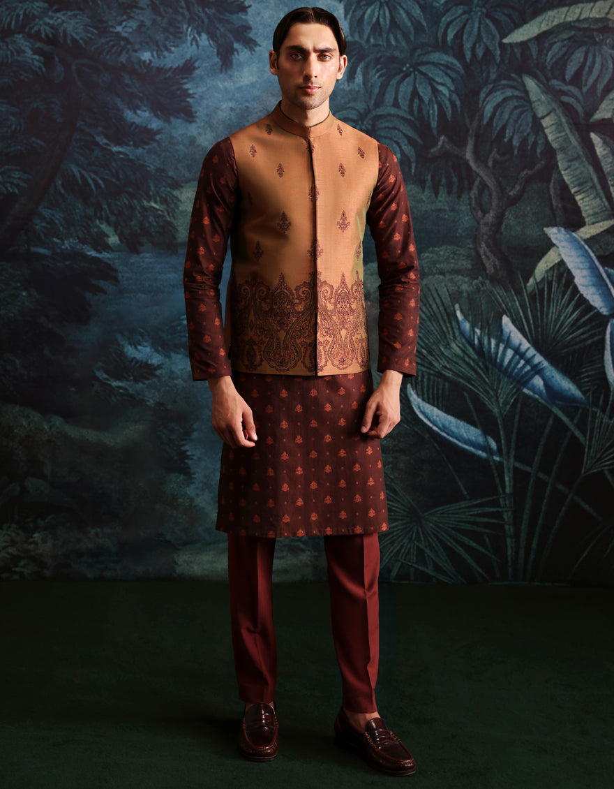 Polyester Cotton Rust Kurta Trouser with Waist Coat - J. Junaid Jamshed