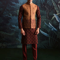 Polyester Cotton Rust Kurta Trouser with Waist Coat - J. Junaid Jamshed