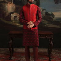 Polyester Cotton Red Kurta Trouser with Waist Coat - J. Junaid Jamshed