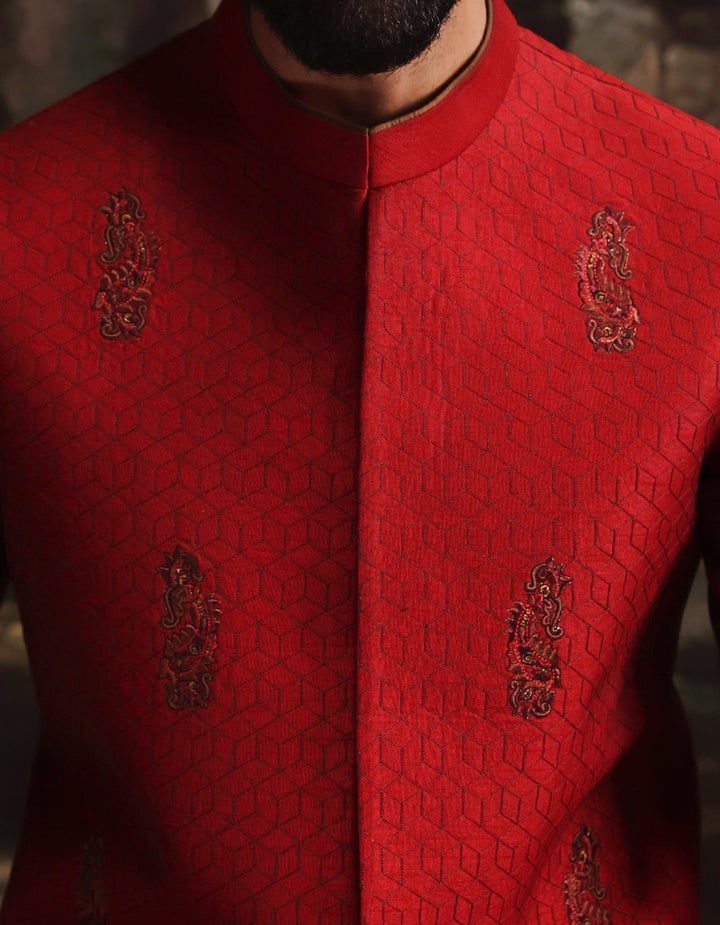 Polyester Cotton Red Kurta Trouser with Waist Coat - J. Junaid Jamshed