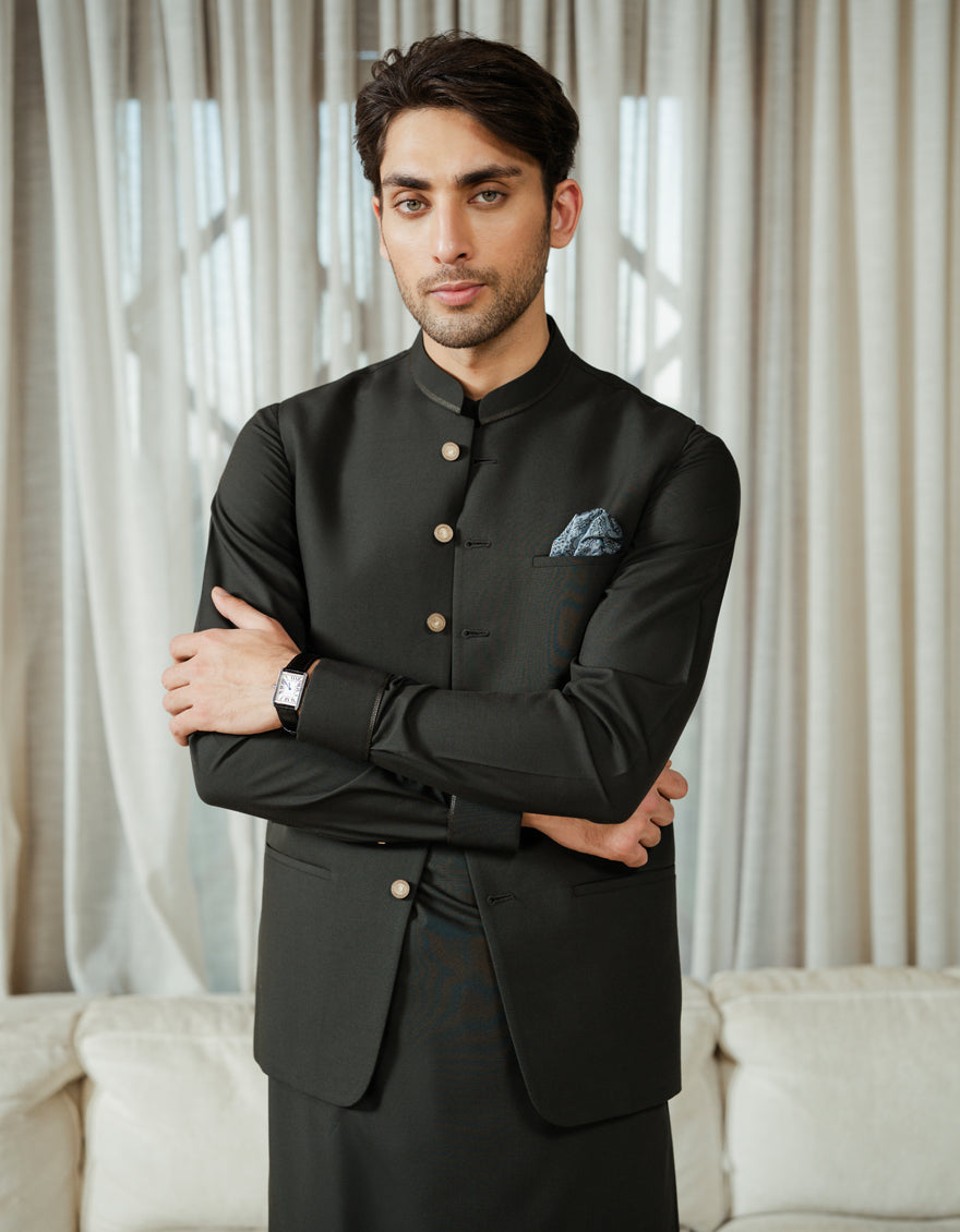 Blended Bottle Green Shalwar Kameez with Waist Coat - J. Junaid Jamshed