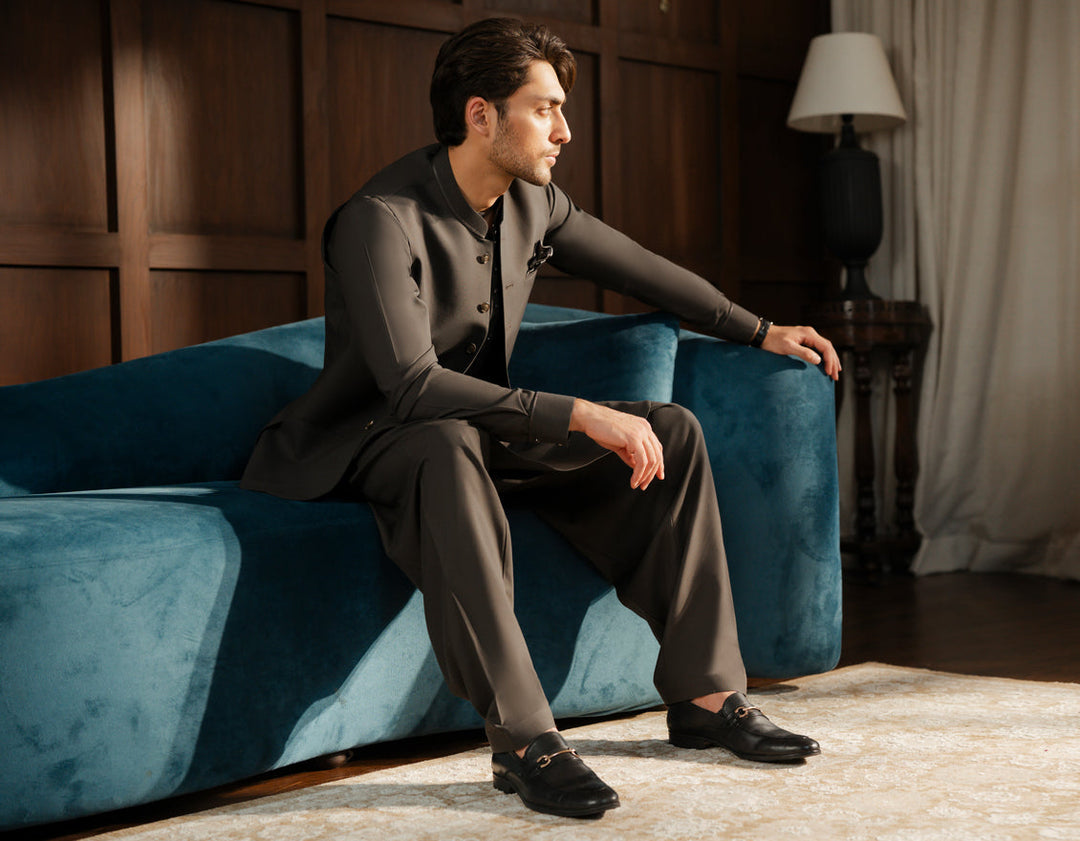 Blended Charcoal Shalwar Kameez with Waistcoat - J. Junaid Jamshed