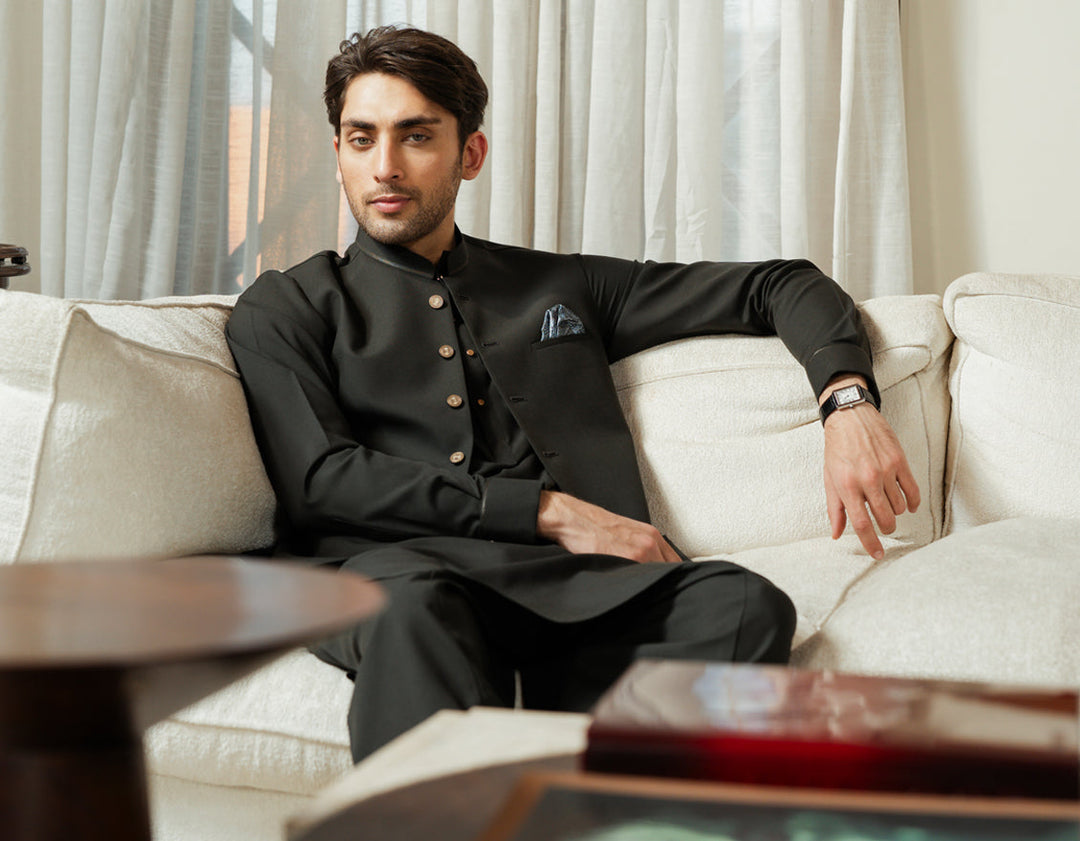 Blended Bottle Green Shalwar Kameez with Waist Coat - J. Junaid Jamshed