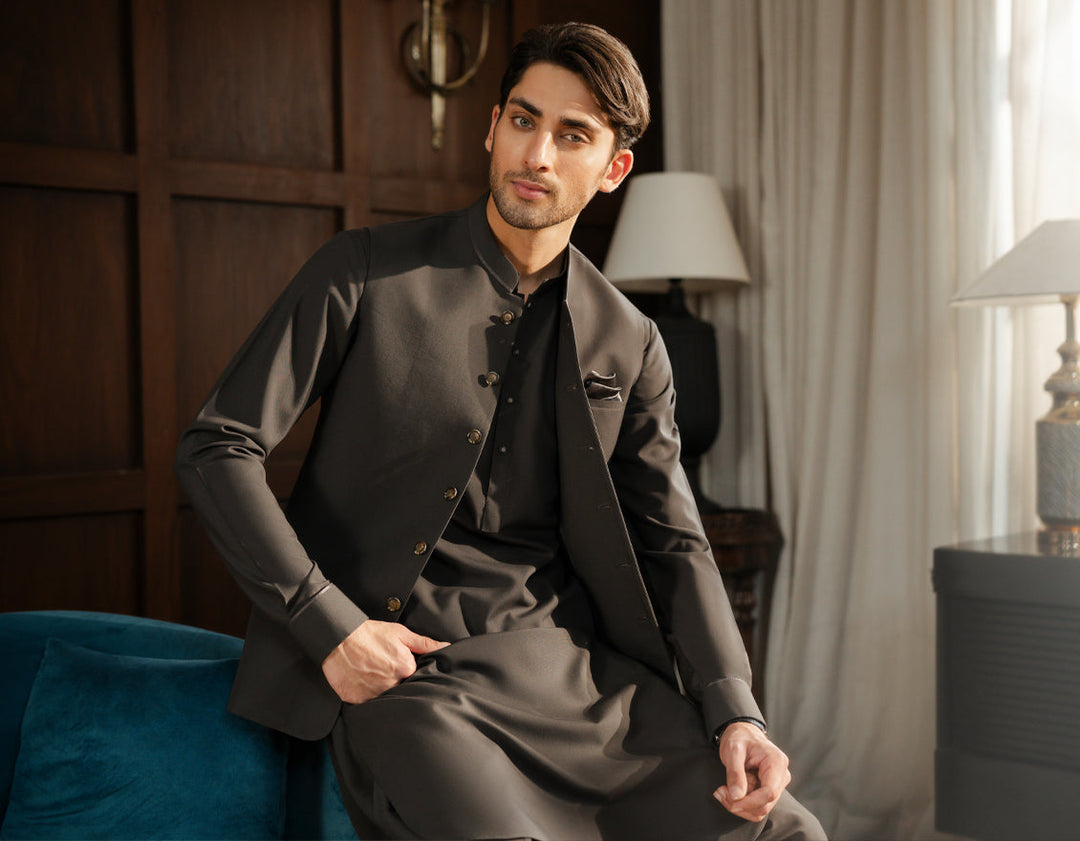 Blended Charcoal Shalwar Kameez with Waistcoat - J. Junaid Jamshed