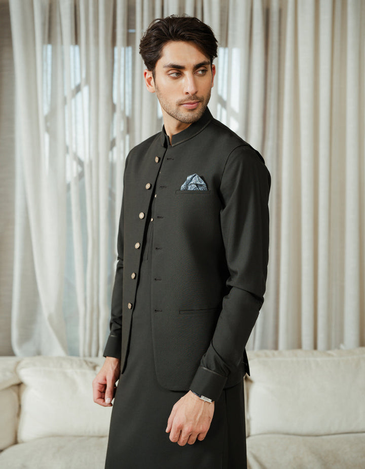 Blended Bottle Green Shalwar Kameez with Waist Coat - J. Junaid Jamshed