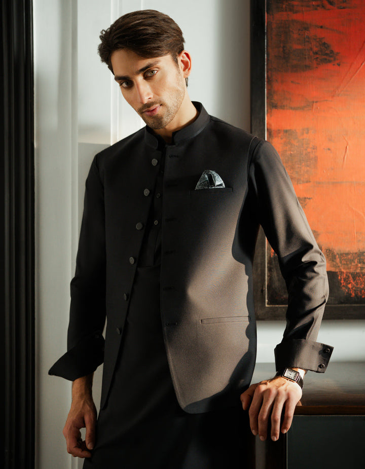 Blended Black Shalwar Kameez with Waist Coat - J. Junaid Jamshed