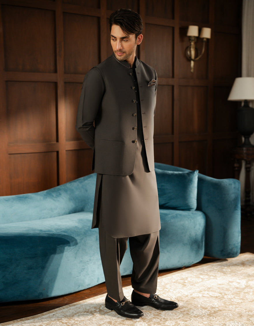 Blended Charcoal Shalwar Kameez with Waistcoat - J. Junaid Jamshed