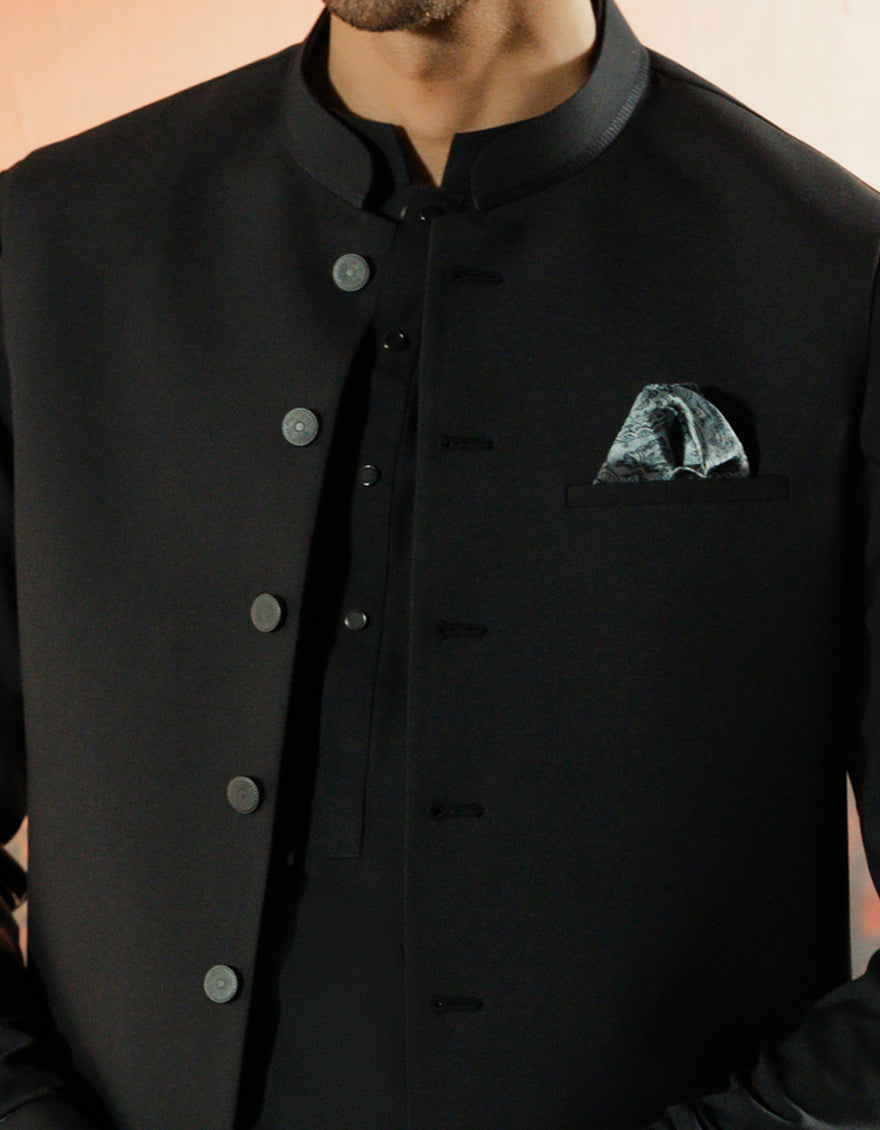 Blended Black Shalwar Kameez with Waist Coat - J. Junaid Jamshed