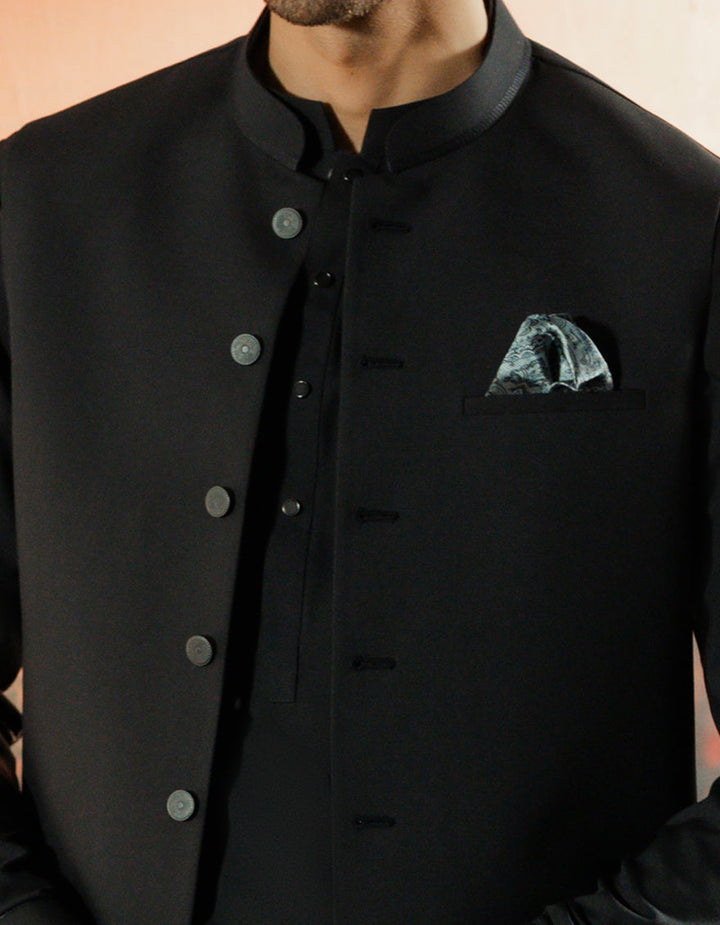 Blended Black Shalwar Kameez with Waist Coat - J. Junaid Jamshed