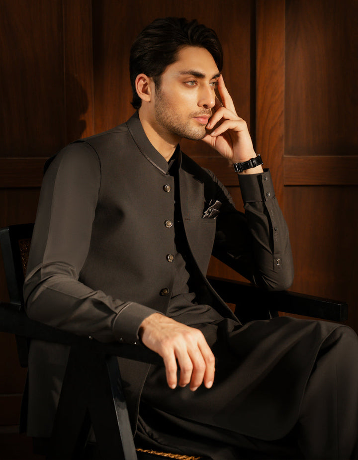 Blended Charcoal Shalwar Kameez with Waistcoat - J. Junaid Jamshed