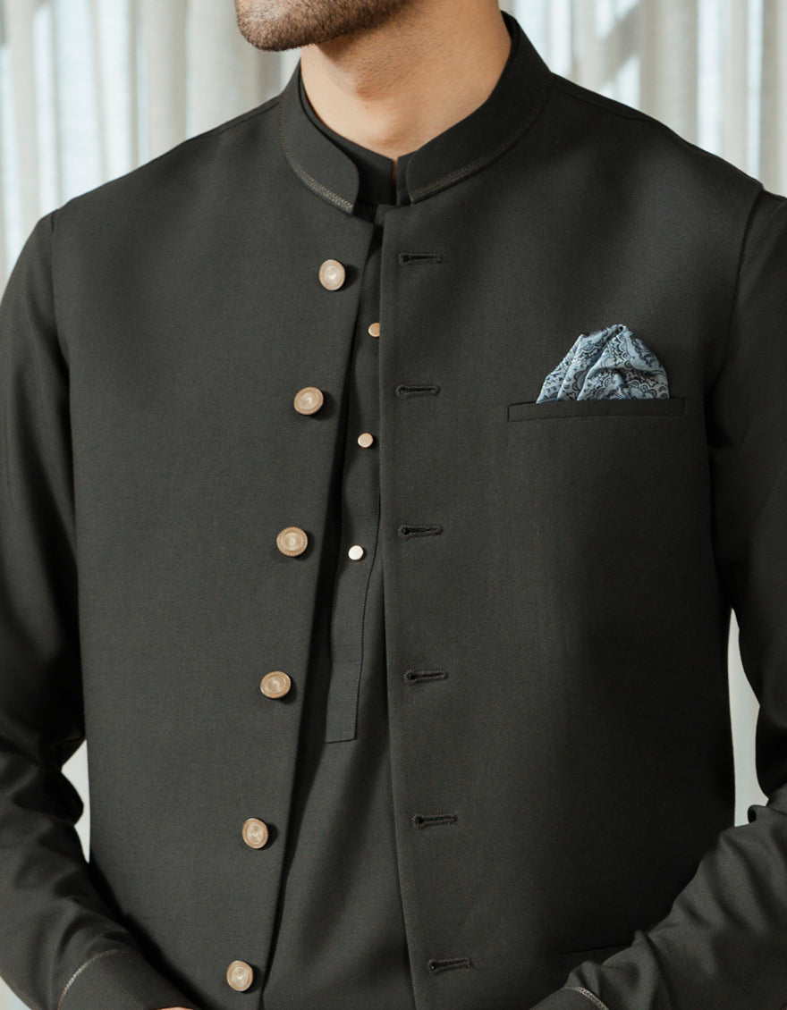 Blended Bottle Green Shalwar Kameez with Waist Coat - J. Junaid Jamshed