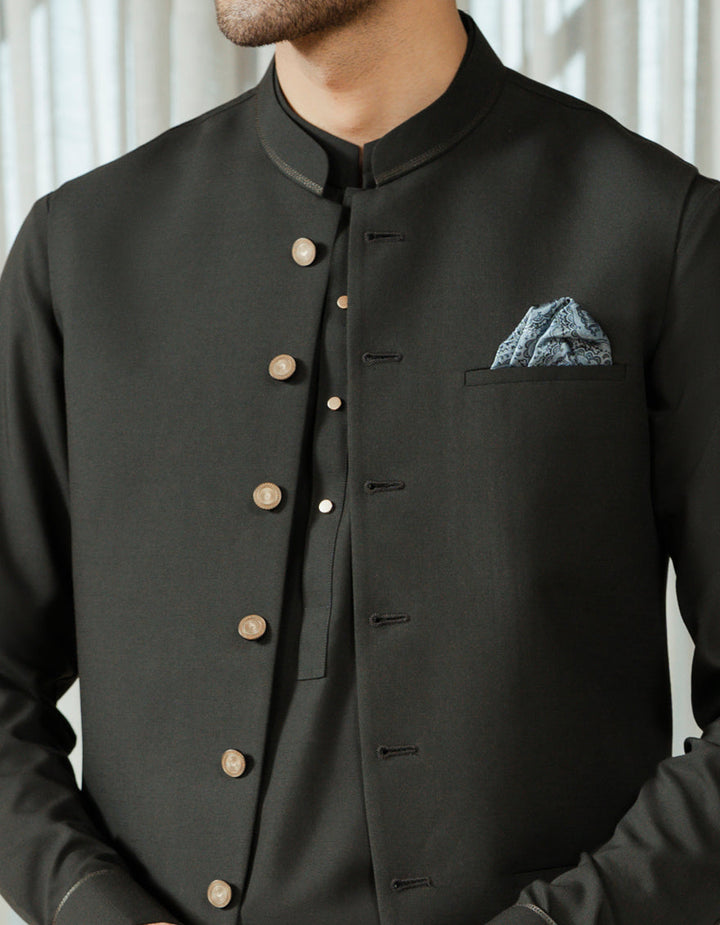 Blended Bottle Green Shalwar Kameez with Waist Coat - J. Junaid Jamshed