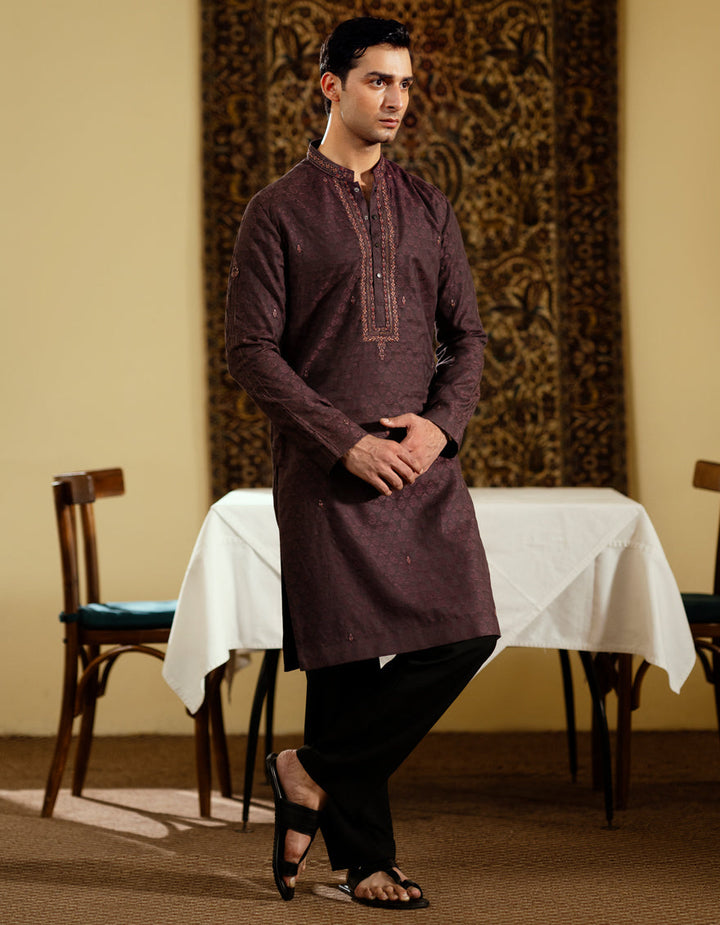 Jacquard Maroon Kurta - J. Junaid Jamshed