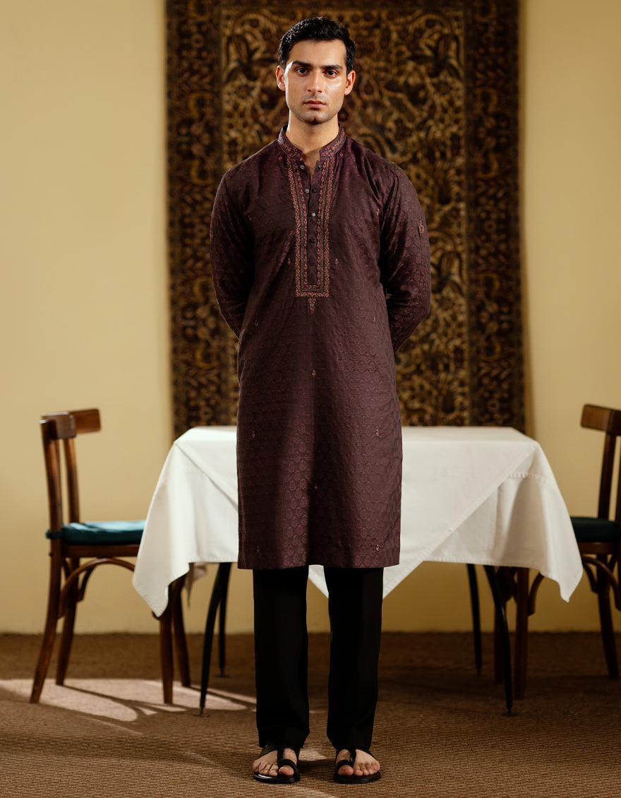 Jacquard Maroon Kurta - J. Junaid Jamshed