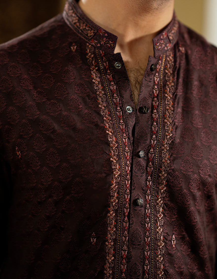 Jacquard Maroon Kurta - J. Junaid Jamshed
