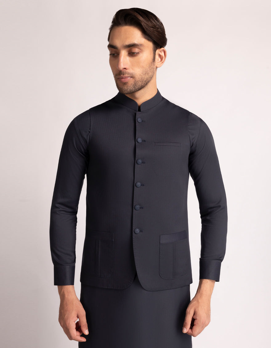 Blended Charcoal Shalwar Kameez With Waist Coat - J. Junaid Jamshed