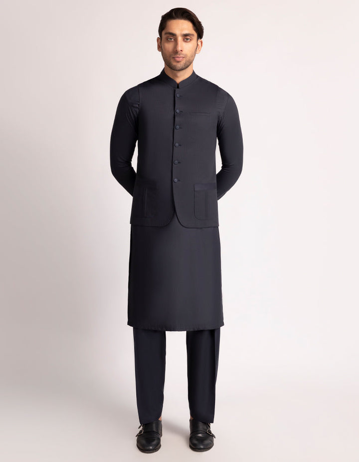 Blended Charcoal Shalwar Kameez With Waist Coat - J. Junaid Jamshed
