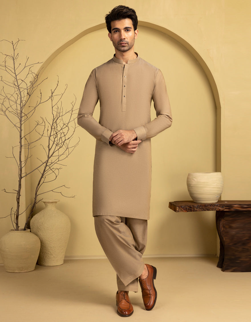 Blended Khaki Unstitched Suit - J. Junaid Jamshed