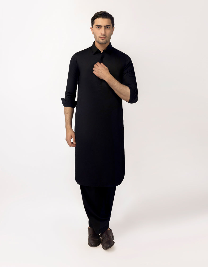 Blended Black Unstitched Suit - J. Junaid Jamshed