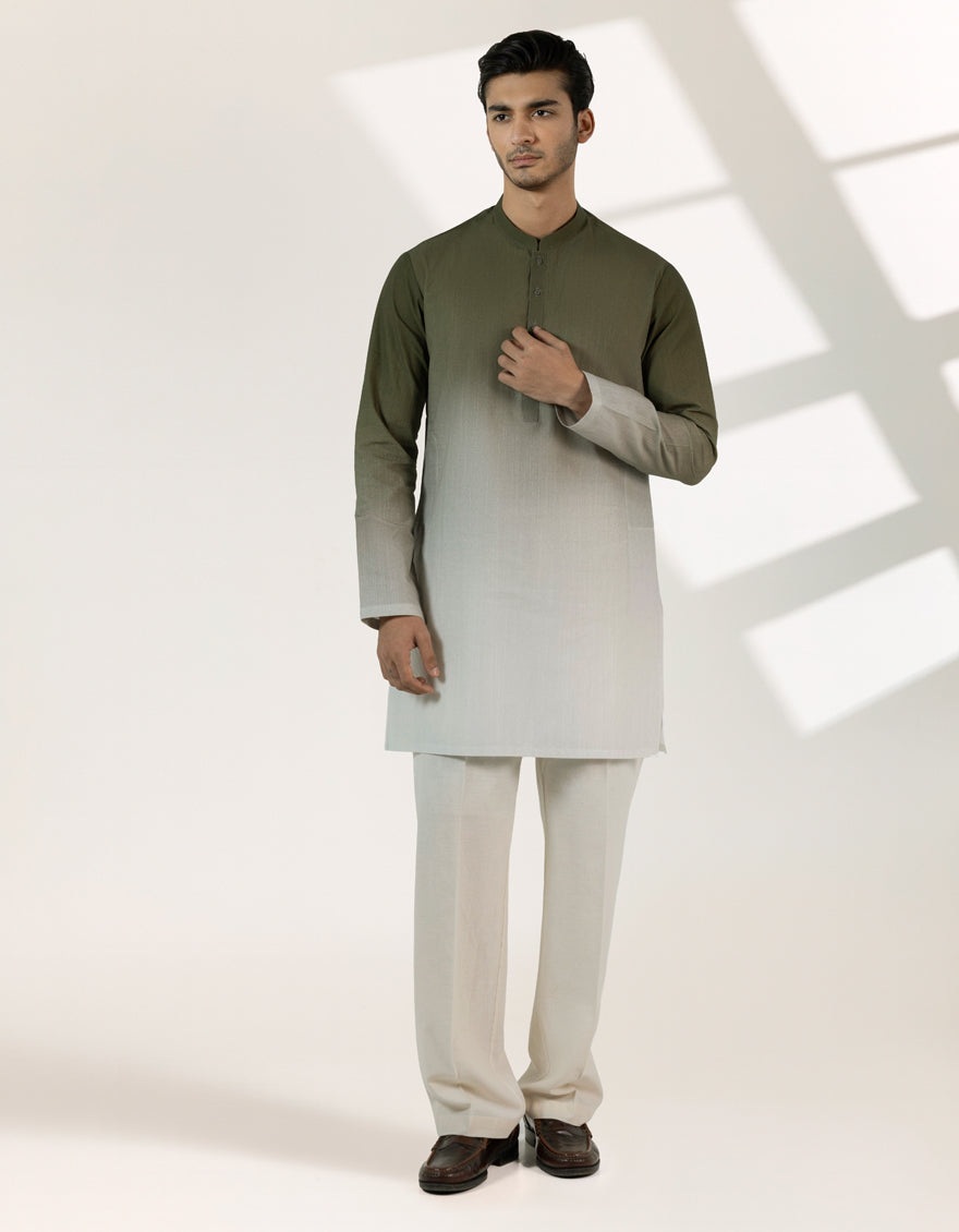 Cotton Mehndi Green Short Kurta - J. Junaid Jamshed