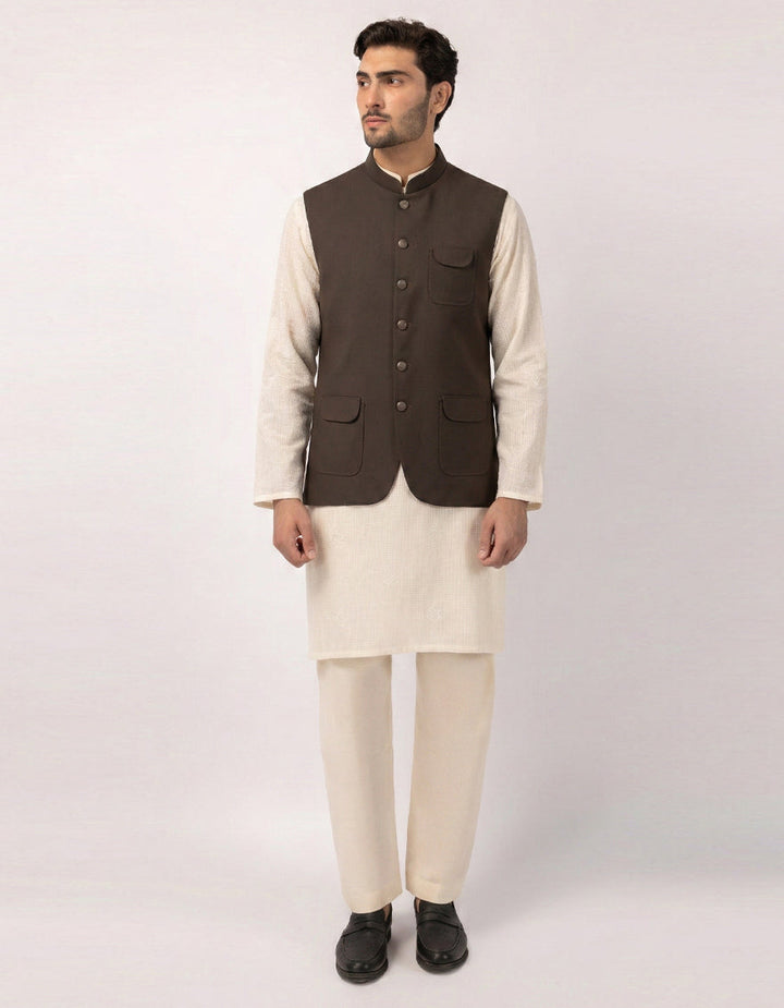 Suiting Dark Brown Waist Coat - J. Junaid Jamshed