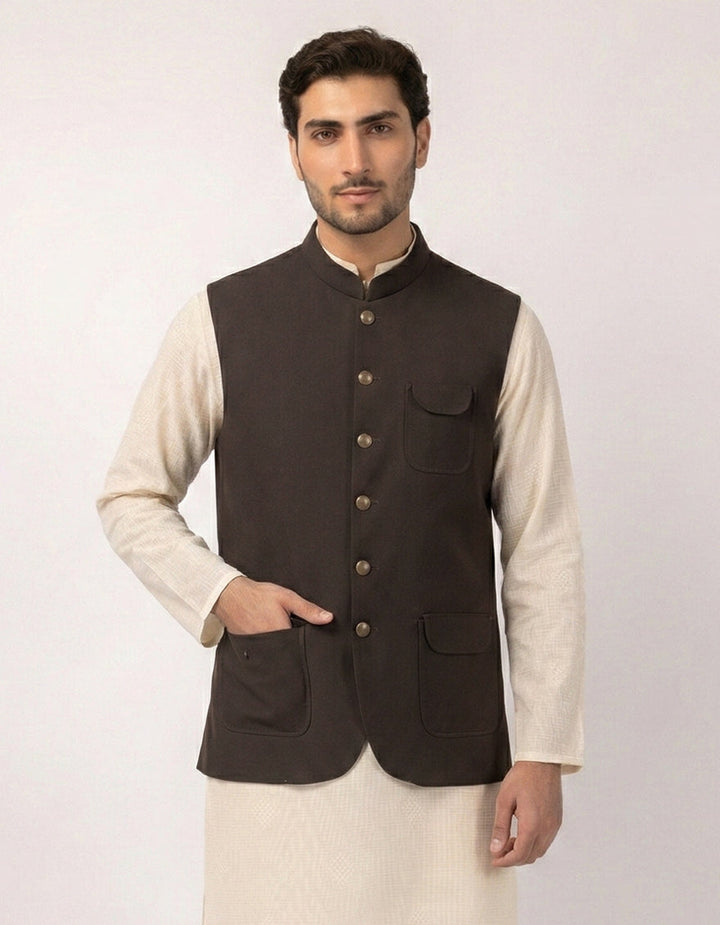Suiting Dark Brown Waist Coat - J. Junaid Jamshed