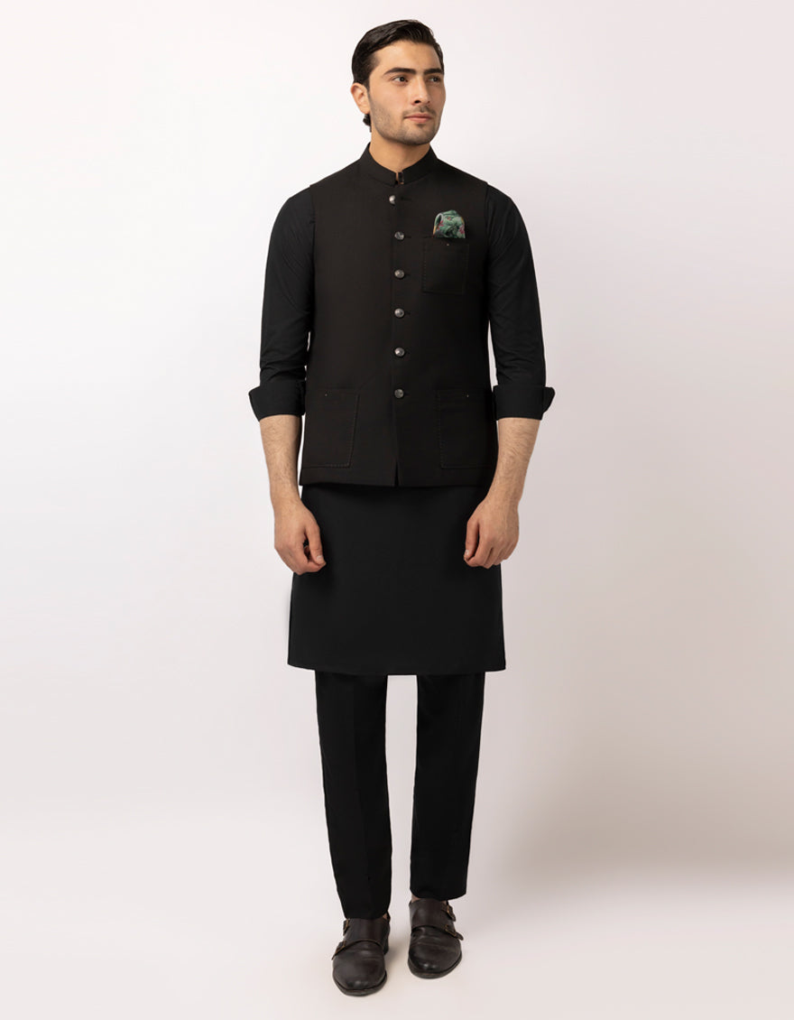 Suiting Black Waist Coat - J. Junaid Jamshed