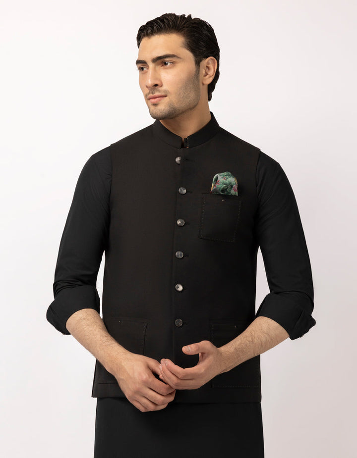 Suiting Black Waist Coat - J. Junaid Jamshed