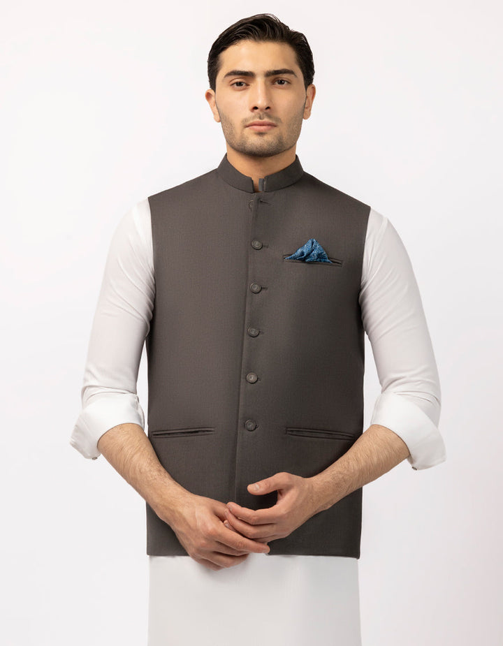 Suiting Dark Grey Waist Coat - J. Junaid Jamshed