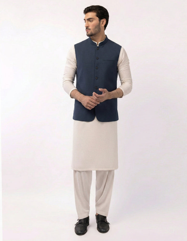 Polyester Blue Waist Coat - J. Junaid Jamshed