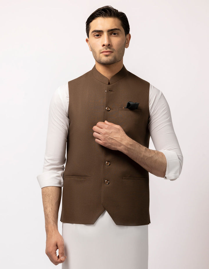 Polyester Brown Waist Coat - J. Junaid Jamshed