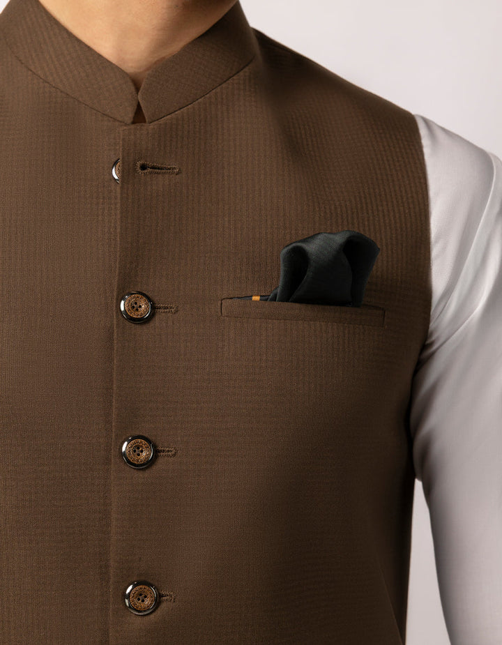 Polyester Brown Waist Coat - J. Junaid Jamshed