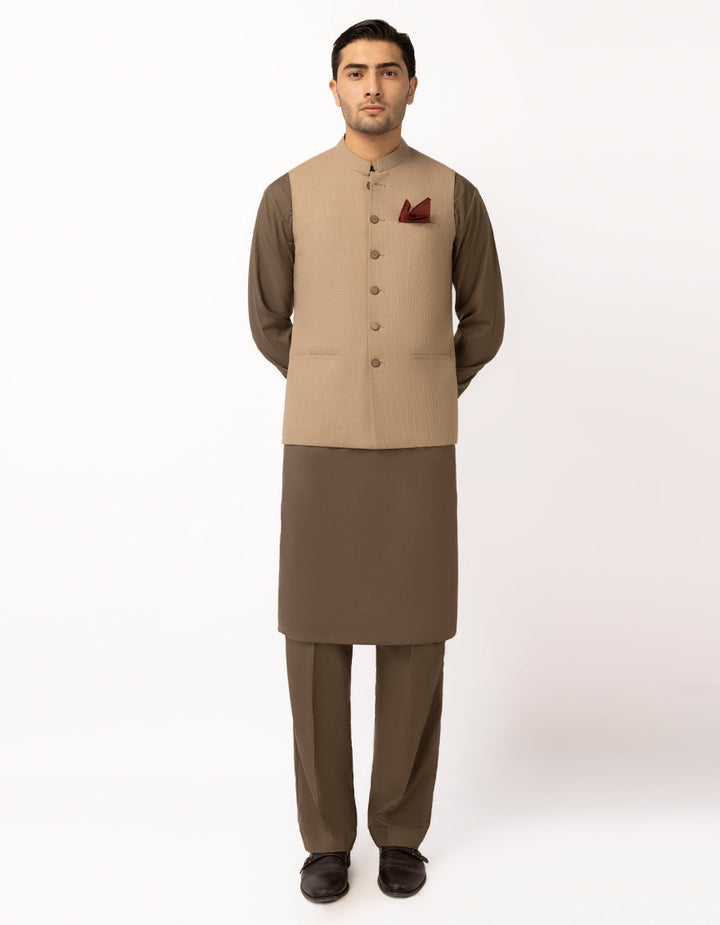 Polyester Wood Brown Waist Coat - J. Junaid Jamshed