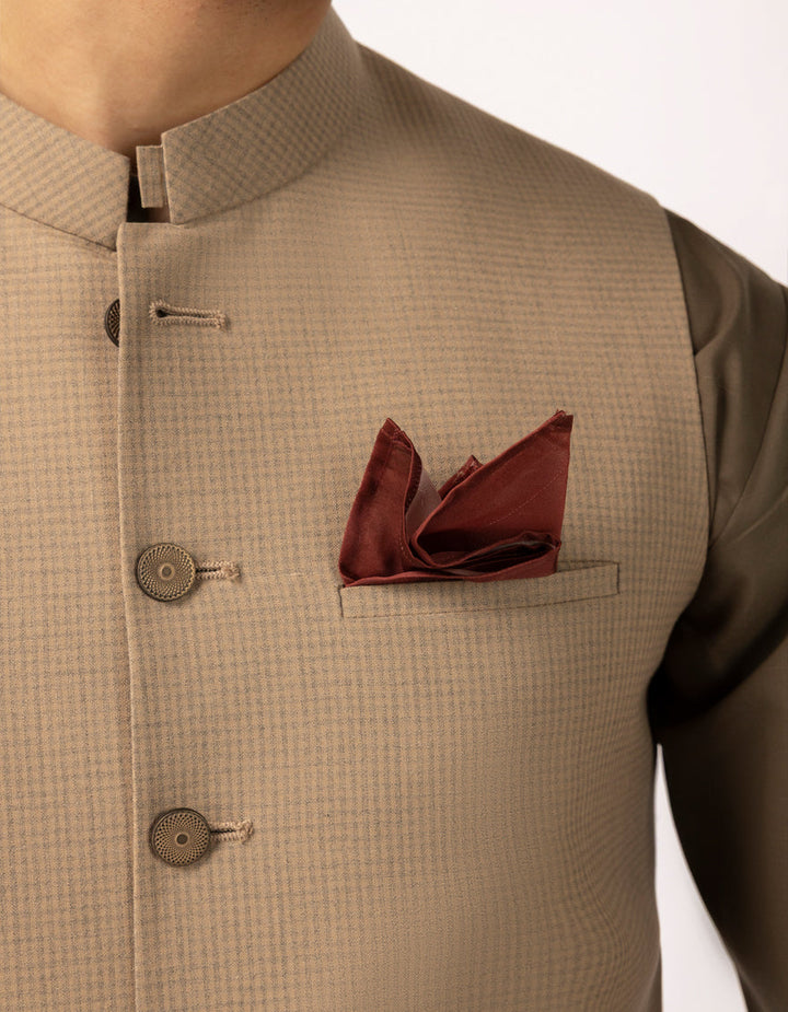 Polyester Wood Brown Waist Coat - J. Junaid Jamshed