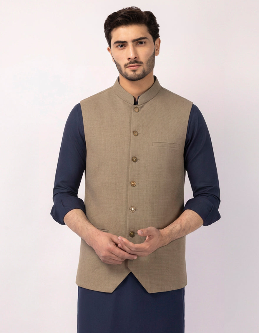 Polyester Khaki Waist Coat - J. Junaid Jamshed
